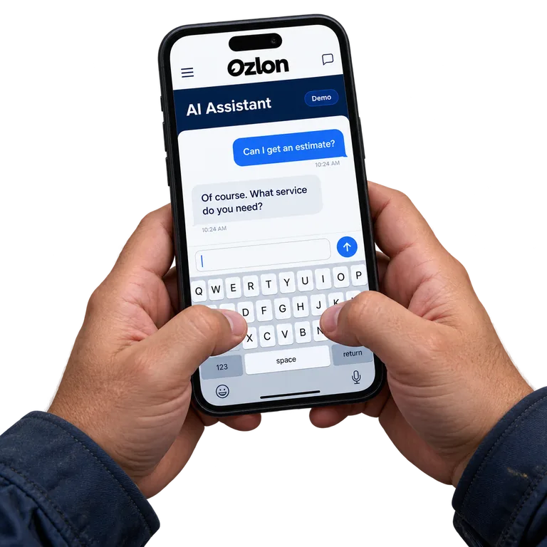 Two hands typing in an illustrative Ozlon AI conversation. Illustrative product view.