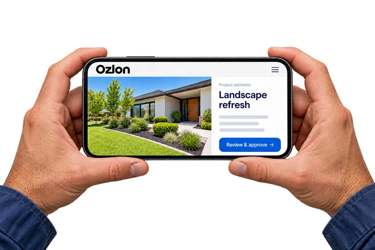 Two hands reviewing a project estimate on a horizontal phone. Illustrative product view.