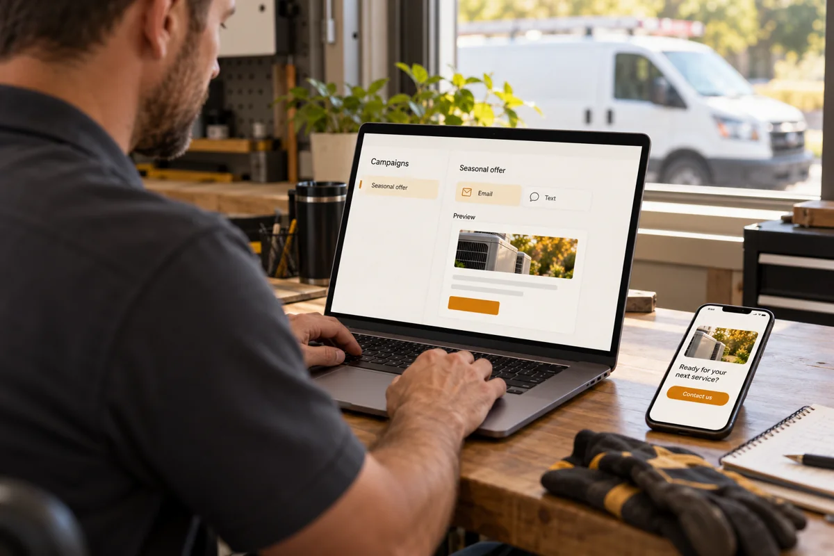 Illustration of a service business owner reviewing an email campaign on a laptop and a text promotion on a phone