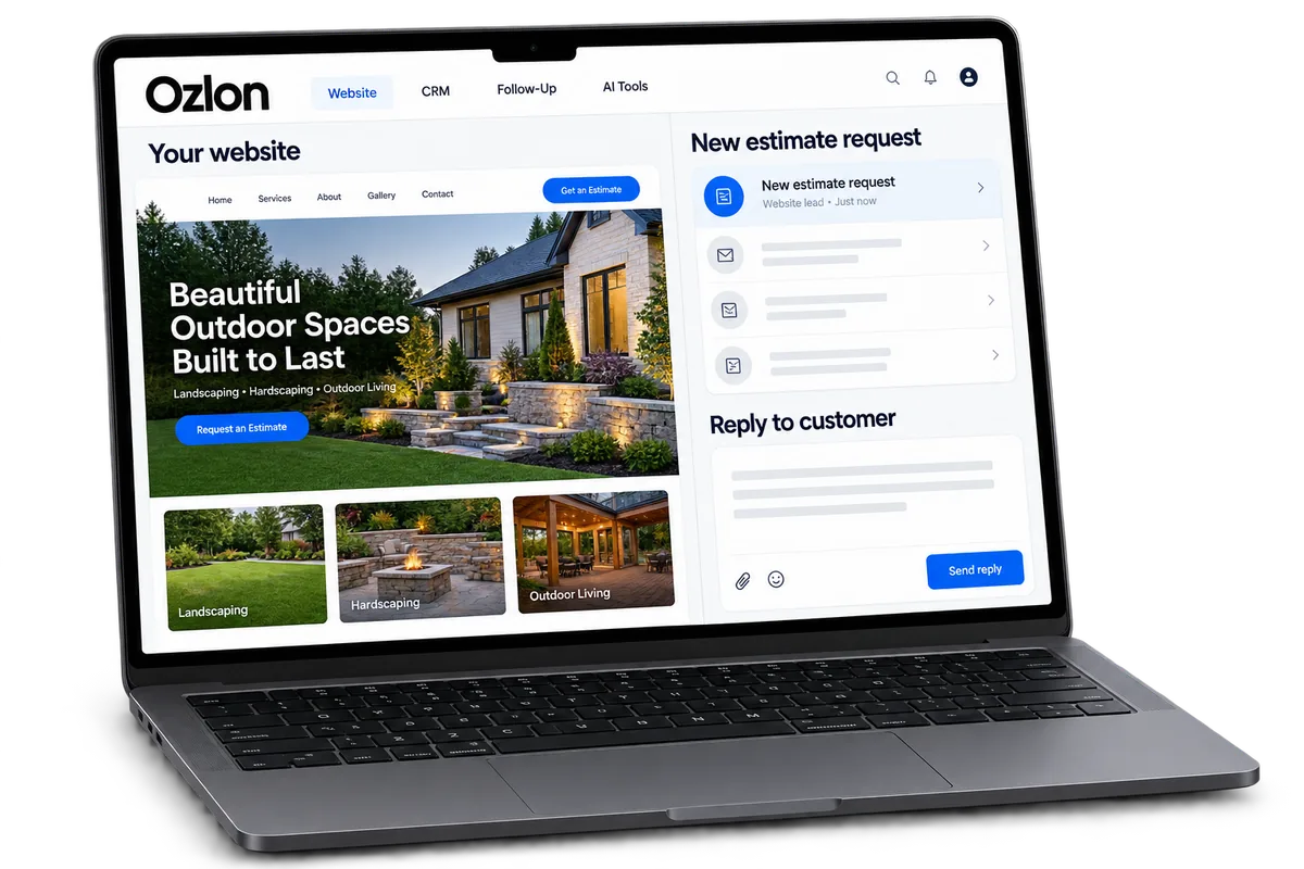 Illustrative contractor website and lead inbox on a laptop