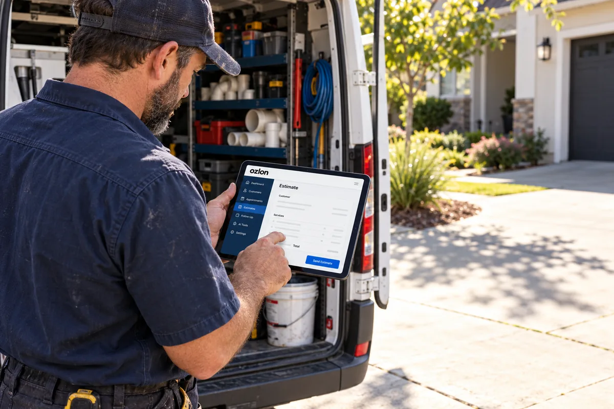 Illustrative plumbing professional using a tablet beside a service van